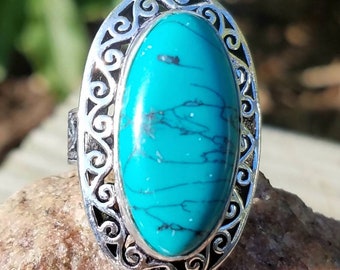 Turquoise Ring Bali Sterling Silver Handmade Sz 8 Stone Goddess Ring Occult Jewelry Crystal Occult Reiki Chakra Strength Heal