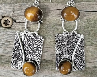 Unique Tiger Iron Tiger Eye Earrings Tiger Energy Goddess Bali Sterling Silver Crystal Handmade OAK Healing Reiki Wicca Metaphysical Meaning