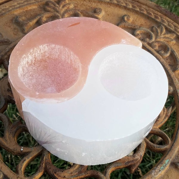 2 pc Peach Selenite Yin Yang Crystal Tea Lite Candle Holder Polished Crystal Altar Healing Chakra Cleansing Salt Clearing Meditation