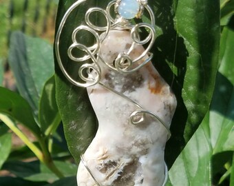 Wire Wrap Pink Opal Raw Gemstone Necklace Pendant Crystal Handcrafted OAK Silver Stone Gemstone Reiki Chakra Moon Goddess Healing Moonstone
