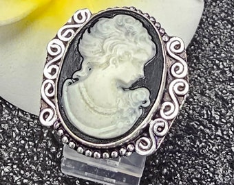 Cameo Black & White Ring Crystal Stone Gemstone Bali Sterling Silver Hand Made Large Reiki Chakra Moon Goddess Healing Moonstone 7.5