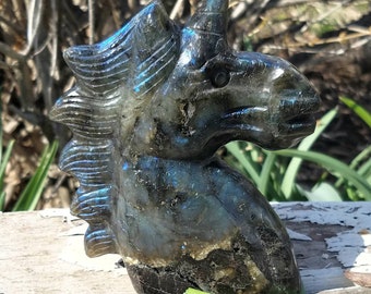 Unicorn Statue Labradorite Stone Large Hand-Carved Animal Totem Fantasy Creature Crystal Healing Fairy Tale Sculpture Magic Chakra