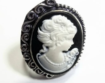Cameo Black & White Ring Crystal Stone Gemstone Bali Sterling Silver Hand Made sz 7.75 Large Reiki Chakra Moon Goddess Healing Moonstone