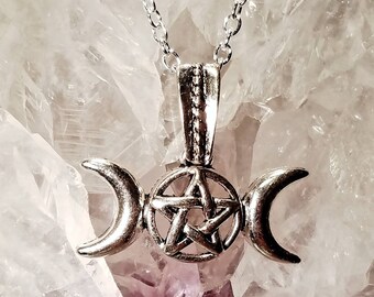 Triple Goddess Crescent Moon Pentagram Holy Trinity Necklace Silver Stainless Steel HANDMADE FREE Gift Bag Pagan Wicca Witch