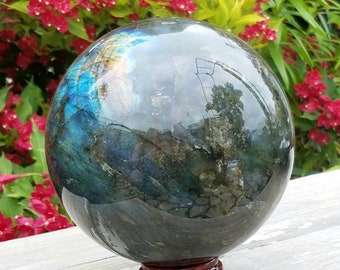 XLarge Flash Labradorite Stone Sphere Crystal Ball Lab Witches Rainbow Orb Scrying Divination Reiki Protection Tool Dark Side Of Moonstone