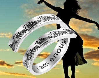 I Am Enough Stainless Steel Silver Ring Goddess Metal of Protection Reiki Healing Hypoallergenic Inspiration Empower Strength Gift