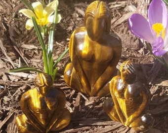 Tigers Eye Goddess Statue Gaia Figurine Crystal Tigers Iron Hand Carved Healing Reiki Wicca Witch Occult Altar Talisman Pagan Decor