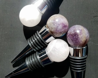 Smoky Amethyst & Rose Quartz Crystal Wine Stopper Stainless Steel Ball Sphere Holiday Party Anniversary Gift Wedding