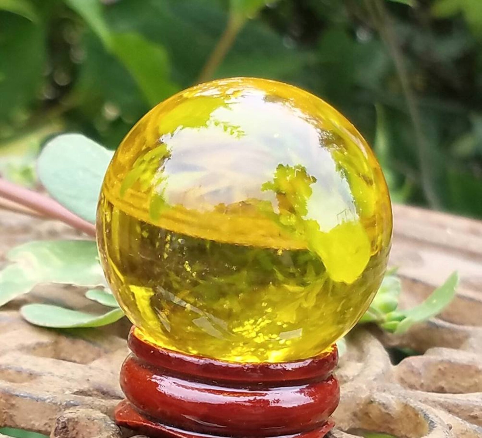 Yellow Glass Crystal Ball Wood Stand 40mm Divination Gazing Etsy