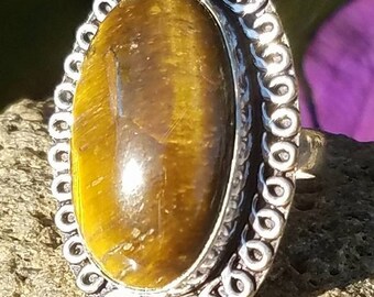 Tigers Eye Ring Bali Sterling Silver Crystal Tigers Iron Handmade Gemstone Healing Reiki Wicca Witch Pagan Metaphysical Occult Jewelry
