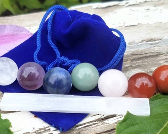 8pc Chakra Sphere Alignment Tumbled Crystal Set Velvet Bag Selenite Gemstones Wicca Reiki New Age Meditation Yoga Healing Gift