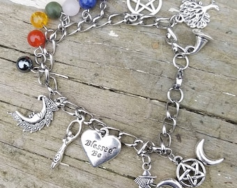 Chakra Charm Bracelet Stainless Steel Witch Wicca Pagan Goddess Moon Pentagram Tree of Life Maiden Mother Crone Meditation Spiritual Gift