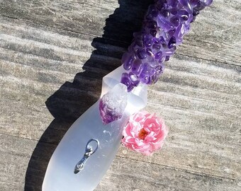 Athame Knife Hand Made Amethyst Selenite Terahertz Dagger Large Occult Ceremony Pentagram Magick Witchcraft Pagan Wicca Chakra Crystal
