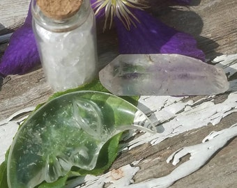 Moon Face Clear Quartz Point Crystal Chip Bottle Altar 3 Piece Kit Set Gift Bag Witch Reiki Wicca Pagan Witchy Yoga Meditation Chakra Heal