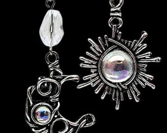 Sun & Unique Crescent Moon Silver Dangle Earrings Celestial Wicca Pagan Witch Chakra Yoga Meditation Retro Boho Chic Bohemia Asymmetric Aura