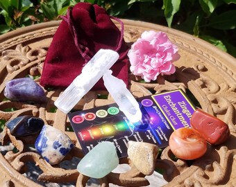 7pc Chakra Alignment Tumbled Crystal Set Selenite Charging Stick Burgundy Velvet Bag Gemstone Wicca Reiki Meditation Yoga Healing Gift