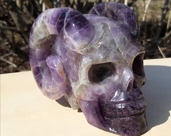 Large Amethyst Horned Skull Chevron Carved Crystal Energy Chakra Healing Talisman Totem Altar Reiki Stone Chakra Metaphysical