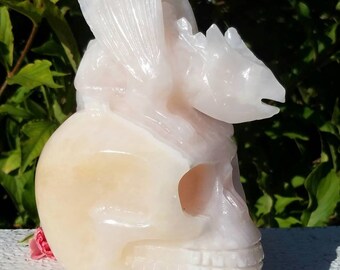 Pink Opal Crystal Skull Dragon Hand Carved Statue Fantasy Home Office Decor Metaphysical Crystal Reiki Healing Wicca Witch Pagan
