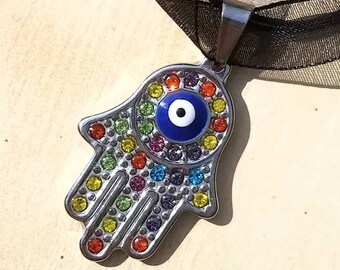 Hamsa Hand Third Eye God Eye Evil Eye Crystal Bali Silver Pendant Necklace Gemstone Occult Jewelry Witch Pagan Wicca Chakra Occult Reiki