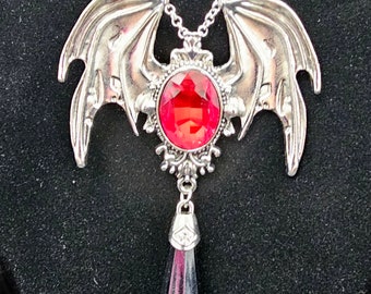 Large Gothic Bat Necklace Red Silver Pagan Wicca Witch Charm Pendant Crystal Witchy Goth Boho