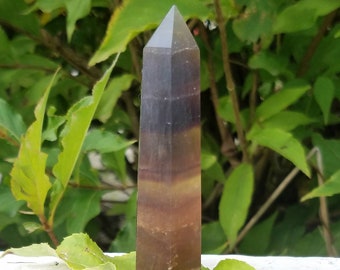 Yellow Purple Fluorite Crystal Tower Generator Point Wand Reiki Charged Chakra Metaphysical Meaning Gemstone Sacred Grid Stone Quartz