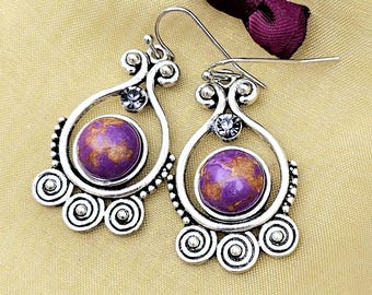 Vintage Style Silver Purple Dangle Earrings Healing Wicca Pagan Witch Meditation Reiki Chakra Yoga Women