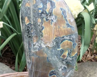 Large Flash Labradorite Free Form Stone Crystal Gold Witch Scrying Reiki Generator Grid Gridding Sacred Geometry Dark Side Of Moonstone