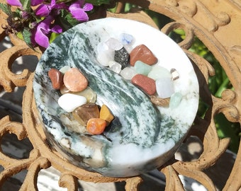 Yin Yang Symbol Hand Carved Crystal Stone Bowl Green Zebra Jasper Offering Sage Palo Santo Incense Smudging Chakra Metaphysical Decor Altar