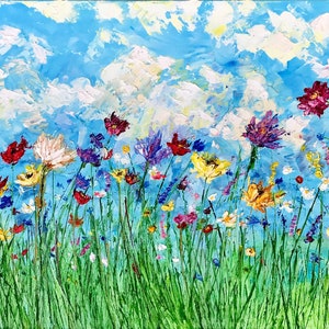 May include: An impressionistic painting of a wildflower meadow under a bright blue sky with fluffy white clouds. The flowers are a mix of red, purple, yellow, and white, with green grass in the foreground. The artwork is a vibrant depiction of nature.