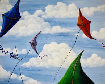 Original Kite Acrylic Painting, Clouds, Nursery Decor (11x14)
