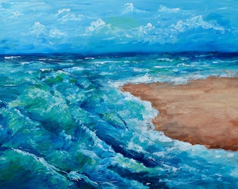 Seascape painting, ocean, artwork, beach, original painting, acrylic, blue, palette knife
