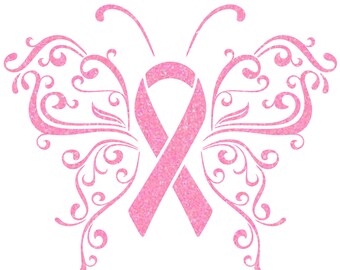 Breast Cancer Butterfly Ribbon SUPER CUTE DIY/Iron On/Heat Press Transfer Glitter Sparkle Graphic for Totes/Shirts/Backpack & More