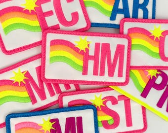 Sunwave Stripes Monogram Patch: Neon Rainbow Initials, DIY adhesive