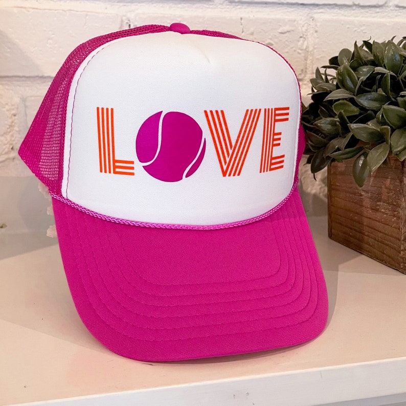 Tennis Team Trucker Hat Cap, Tennis Partner Gift, Tennis Love hat, USTA Doubles, Singles, Team Sports, Custom Design, WTA love Magenta/white front