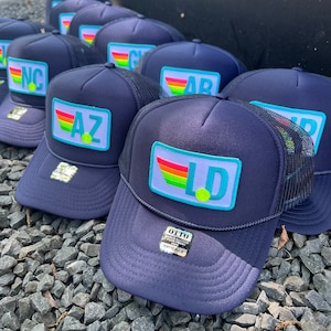 Rainbow Tennis Initials Trucker Hat Cap, Girls Trip, Girls Weekend, Customize, USTA, patch, rainbow stripes, neon, team uniform