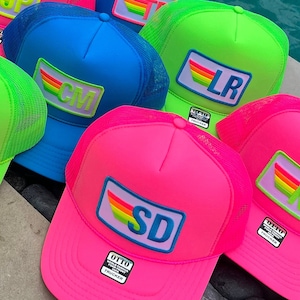 Rainbow Stripe Initials Trucker Hat Cap, Girls Trip, Girls Weekend, Customize, patch, monogram, neon, vintage, 40th birthday, 50th birthday