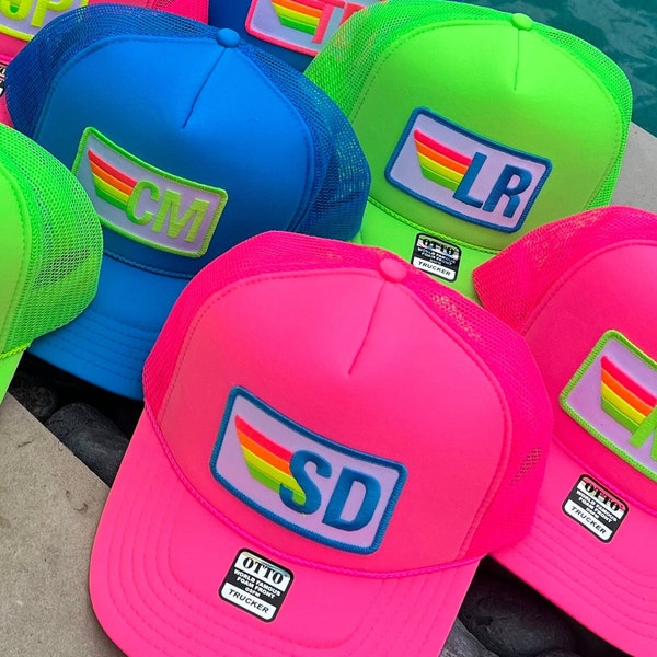 Rainbow Stripe Initials Trucker Hat Cap, Girls Trip, Girls Weekend, Customize, patch, monogram, neon, vintage, 40th birthday, 50th birthday