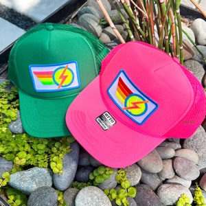 Rainbow Tennis Lightning Bolt Trucker Hat Cap, Girls Trip, Girls Weekend, Customize, USTA, patch, rainbow stripes, neon, team uniform