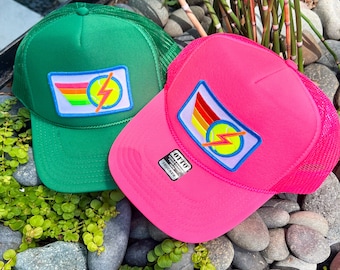 Rainbow Tennis Lightning Bolt Trucker Hat Cap, Girls Trip, Girls Weekend, Customize, USTA, patch, rainbow stripes, neon, team uniform