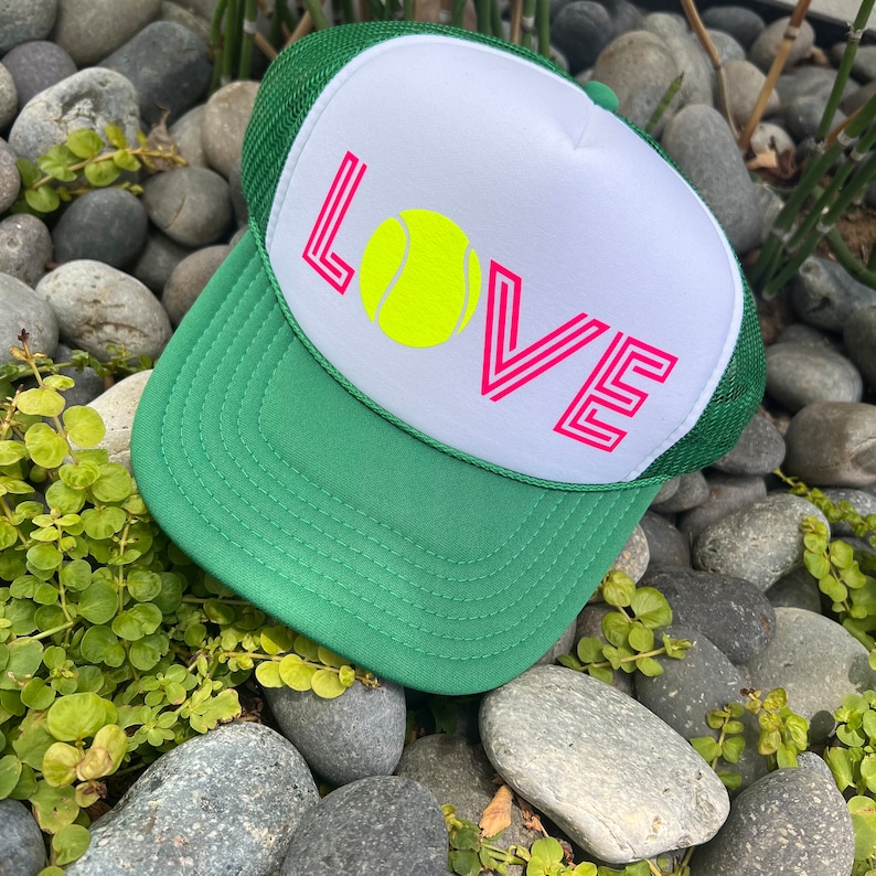 Tennis Team Trucker Hat Cap, Tennis Partner Gift, Tennis Love hat, USTA Doubles, Singles, Team Sports, Custom Design, WTA love Green/white front