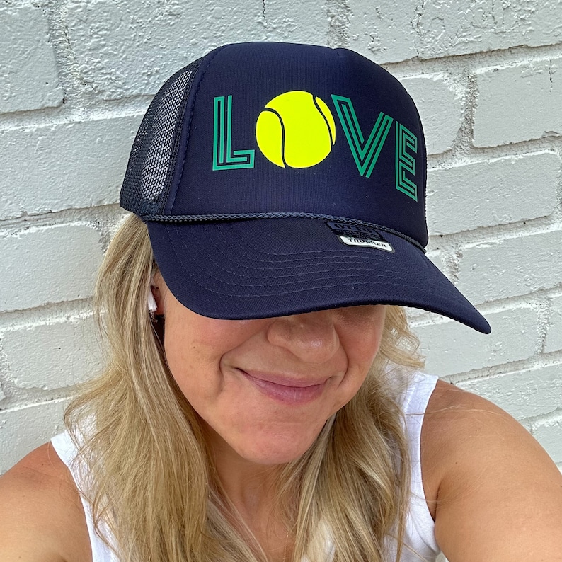 Tennis Team Trucker Hat Cap, Tennis Partner Gift, Tennis Love hat, USTA Doubles, Singles, Team Sports, Custom Design, WTA love Solid Navy Trucker