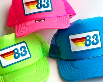 Retro Rainbow Trucker Hat: Birthday Gift, Custom Colors, Birth Year