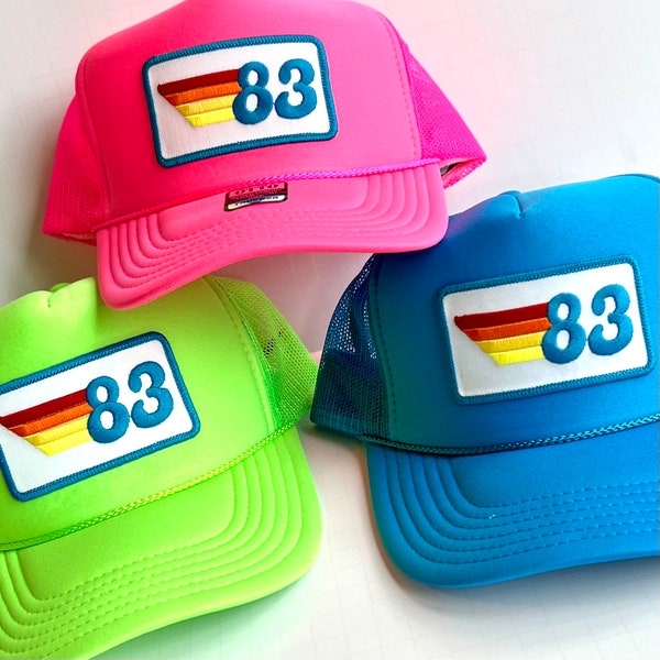 Birthday Trucker Patch Hat Cap, 40th Gift favor ideas, 1974, 1984 Girls Weekend, Retro Surfer Vibe, 50th, '84, class of 2024, rainbow neon