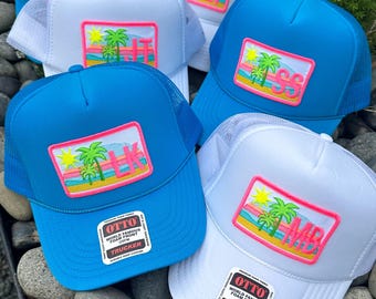 Palm Trees and Initials Custom Trucker Patch Hat, Island Beach Trip, Personalized Gift