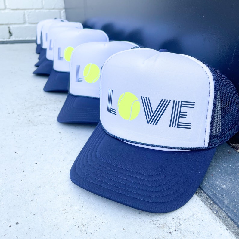 Tennis Team Trucker Hat Cap, Tennis Partner Gift, Tennis Love hat, USTA Doubles, Singles, Team Sports, Custom Design, WTA love Navy/ White front