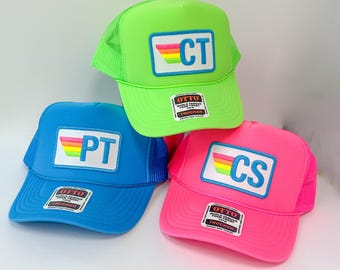 Rainbow Stripe Patch with Initials Trucker Hat, Custom Monogram Patch