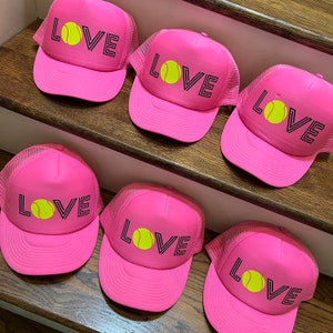 Tennis Team Trucker Hat Cap, Tennis Partner Gift, Tennis Love hat, USTA Doubles, Singles, Team Sports, Custom Design, WTA love Neon Pink Trucker