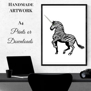 Digital Download -Printable Black and White High Res Image Poster- ZebraCorn Black White New Unicorn Style