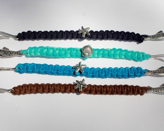 Navy, Turquoise, Dark Turquoise, and Brown Leather Braided Bracelets with Nautical Charm and Hooked Fish Catch