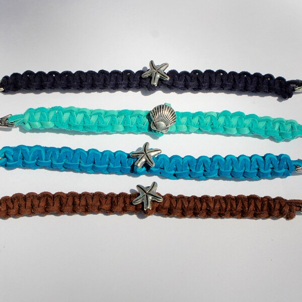 Navy, Turquoise, Dark Turquoise, and Brown Leather Braided Bracelets with Nautical Charm and Hooked Fish Catch